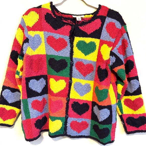 Talbots Sweaters - Vintage Colorful Heart Patchwork Clowncore Cardigan Hand Knit Sweater Chunky PSm